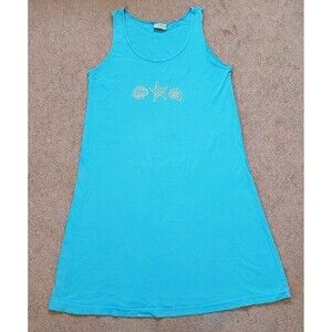 Vtg Cantoo Women's Sleeveless Summer Dress Blue Turquoise Rhinestones Cotton Med